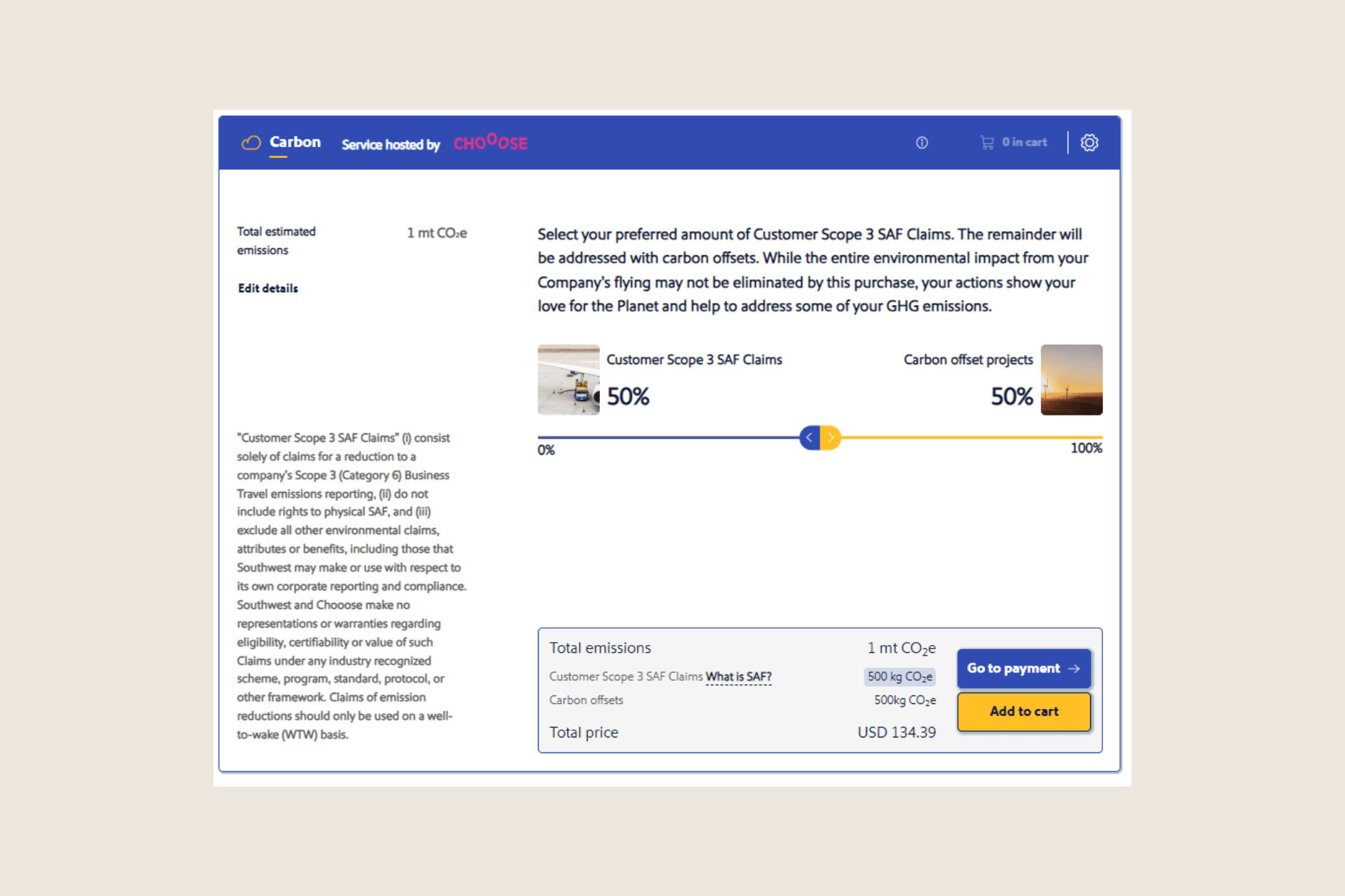 A screenshot of a module where corporate customers of Southwest Airlines can access sustainable aviation fuel claims to help them address Scope 3 emissions.